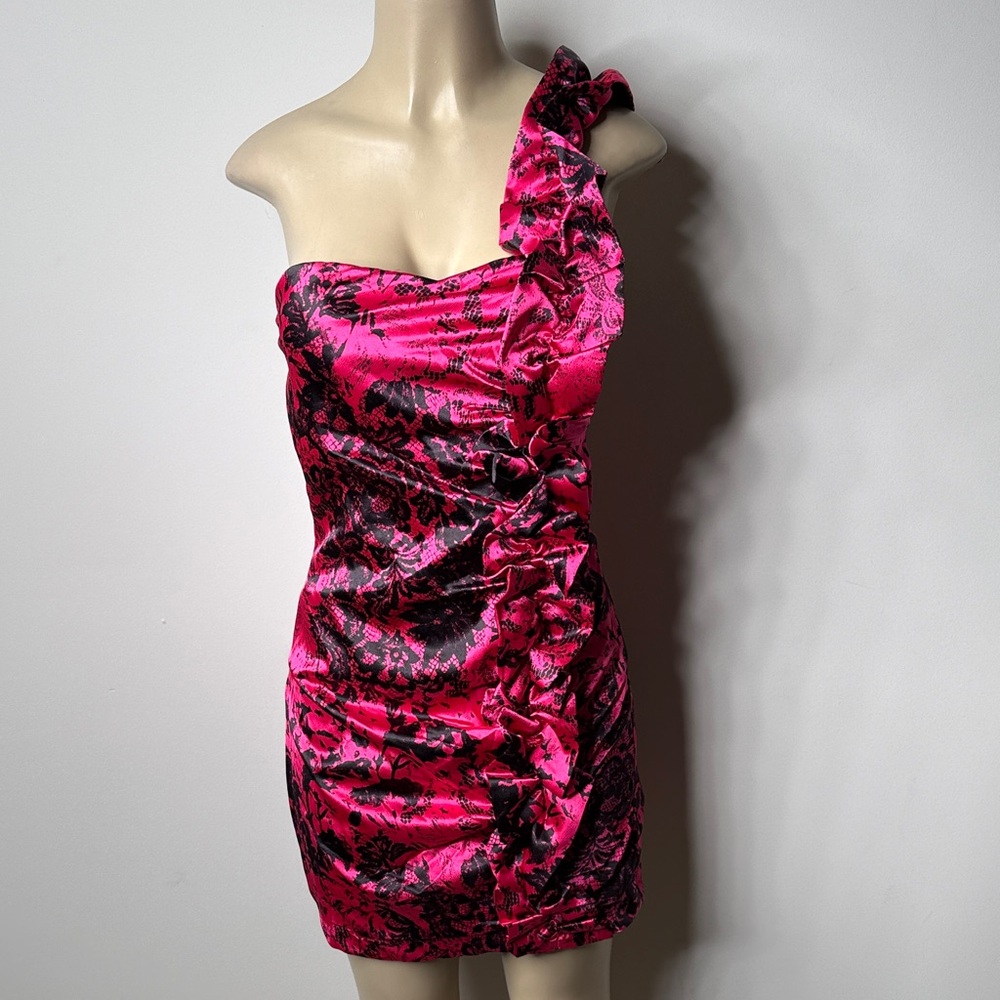 Ruby Rox One-Shoulder Hot Pink & Black Floral Ruffled Cocktail Dress